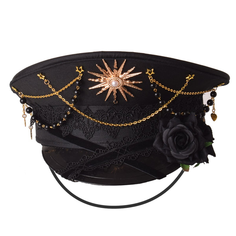 Black Cross Gothic Lolita Military Hat Cap für Frauen Female Sailor Captain Flat Steampunk Karneval Halloween Haarschmuck