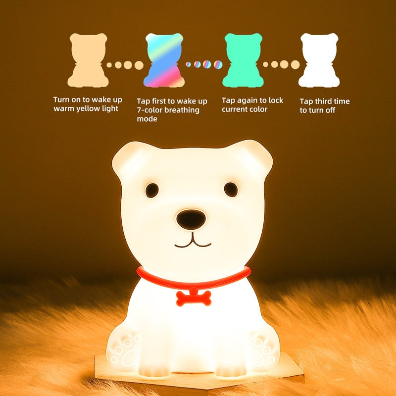 LED Night Lights Cute Dog Lamp Touch Sensor Remote Control RGB Kids Baby USB Lamps Bedroom Table Room Light Toy Bedside Decor