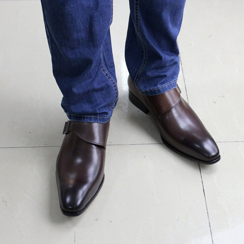 Size 13 Brand Designer Men Dress Shoe Classic Genuine Leather Buckle Monk Strap Men&