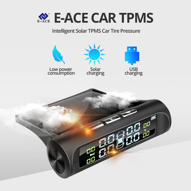 E-ACE Energía solar TPMS Sistema de monitor de alarma de presión de neumáticos para automóviles Sistemas de alarma de seguridad automática Advertencia de temperatura de presión de neumáticos