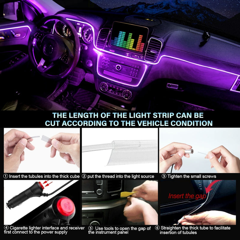 Luz ambiental para coche, aplicación de decoración Interior ambiental, Control de sonido, tiras Led de neón RGB inalámbricas, lámparas flexibles automáticas