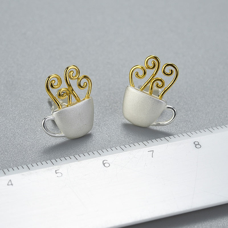 Pendientes Lotus Fun de plata de ley 925 auténtica, joyería fina hecha a mano Original, pendientes de tuerca a la moda con taza de café caliente para regalo de mujer