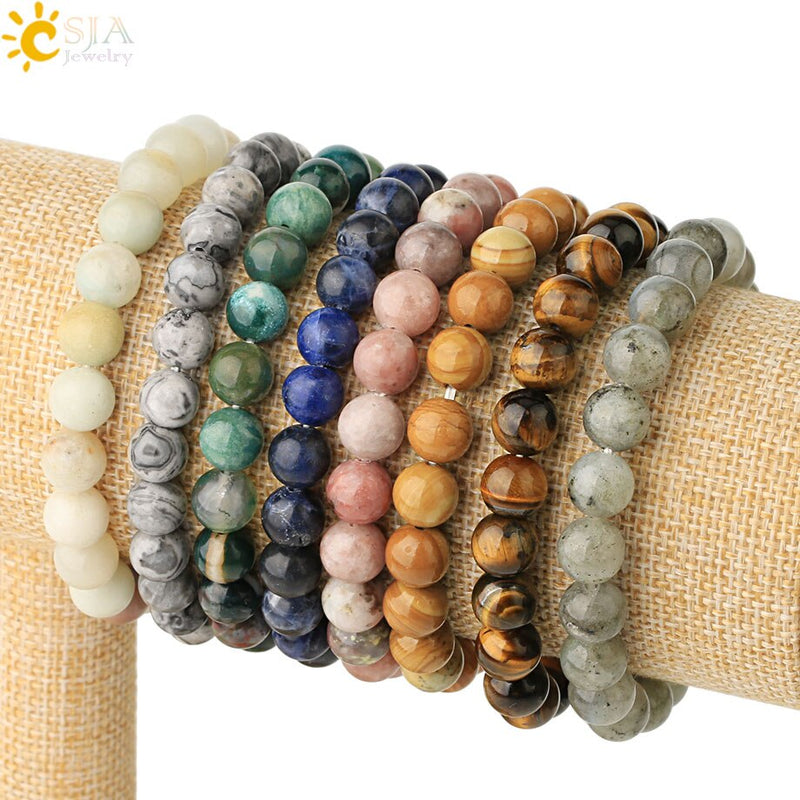 CSJA 8mm Natural Stones Strand Bracelets Single Color Round Beaded Healing Elastic Bracelet for Women Simple Trendy Jewelry G432
