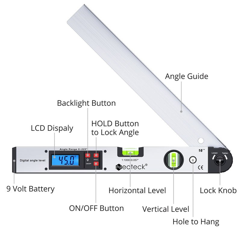 Neoteck 0~225° Digital Protractor Spirit Level Angle Finder Gauge Meter Digital Angle Finder Electronic Protractor LCD Display