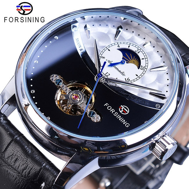 Forsining Moon Phase Automatic Watch Royal Men Golden Waterproof Mechanical Wristwatch Casual Genuine Leather Tourbillon Clock