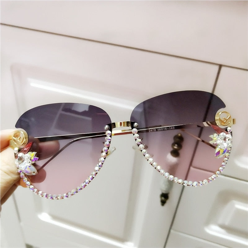 Fashion sunglasses women Vintage designer crsytal sun glasses rimiless cat eye sunglasses ladeis F letter eyeglasses