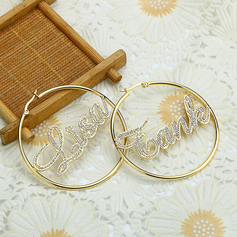 40mm-100mm Crystal Name Earrings Nameplate Custom Hoop Earring for women Wedding Dubai Trendy Earrings boucle d&