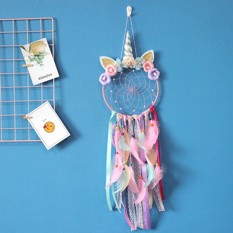 Atrapasueños niños unicornio atrapasueños pluma decoración de pared para niñas dormitorio flor colgante de pared decoración flor