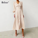 Bclout, elegante vestido camisero de satén con una sola botonadura, moda Beige, ajustado, cuello en V, vestidos largos para mujer, manga larga, bata de otoño e invierno