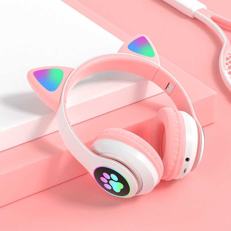 Auriculares inalámbricos con orejas de gato, auriculares Bluetooth 5,0 RGB con cancelación de ruido de graves, auriculares para adultos, niños y niñas, compatible con tarjeta TF y micrófono