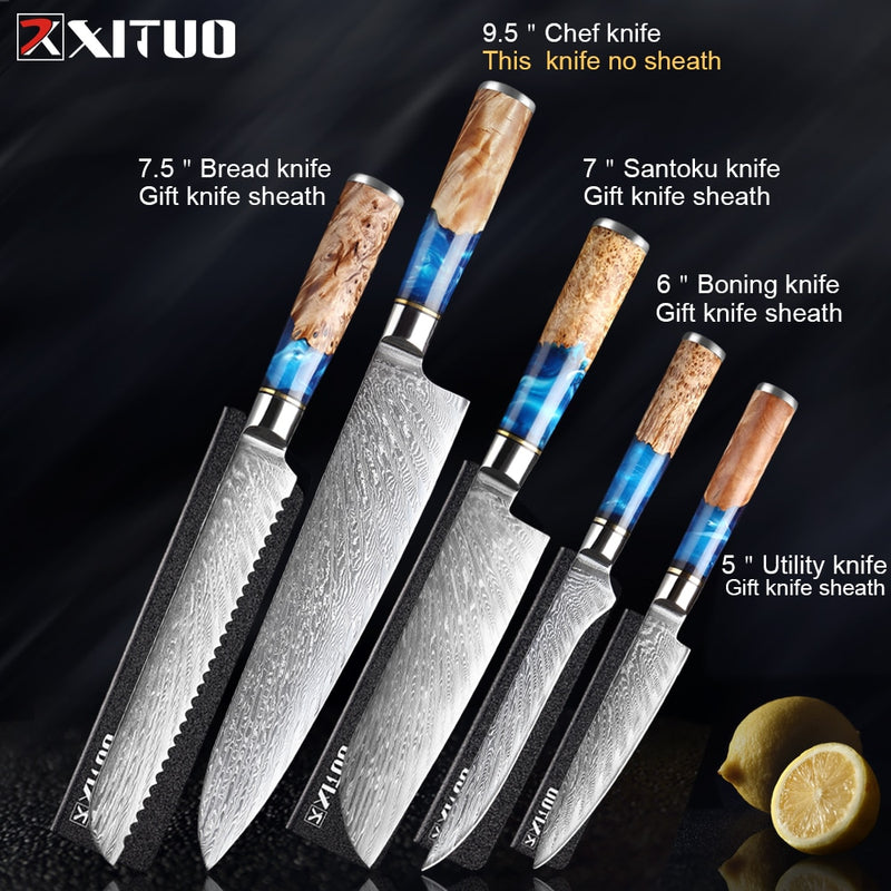 XITUO Kitchen Knives-Set Damascus Steel Chef Knife Cleaver Paring Utility Bread Knife Cooking Tool Blue Resin Handle 1-6Pcs/Set