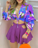 2021 Frauen Neue Colorblock Laterne Ärmel Crop Top &amp; Ausschnitt Plain Shorts Set Sommer Casual Sexy Aushöhlen Shirt 2 STÜCKE Anzug Sets