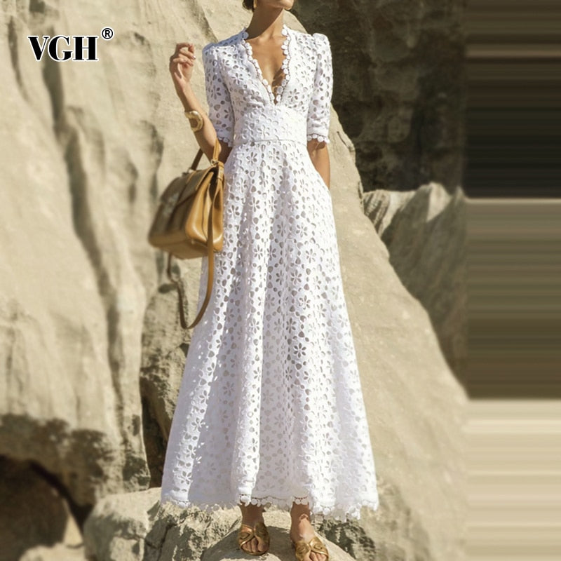 VGH Elegant White Maxi Dress For Women V Neck Half Sleeve High Waist Hollow Out Slim Dresses Women 2022 Spring New Style Fashion