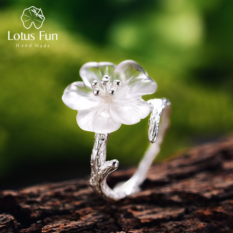 Lotus Fun Real 925 Sterling Silber Natürliche Edelsteine ​​Edler Schmuck Süße Blume im Regen Ring Offene Ringe für Damen Accessoires