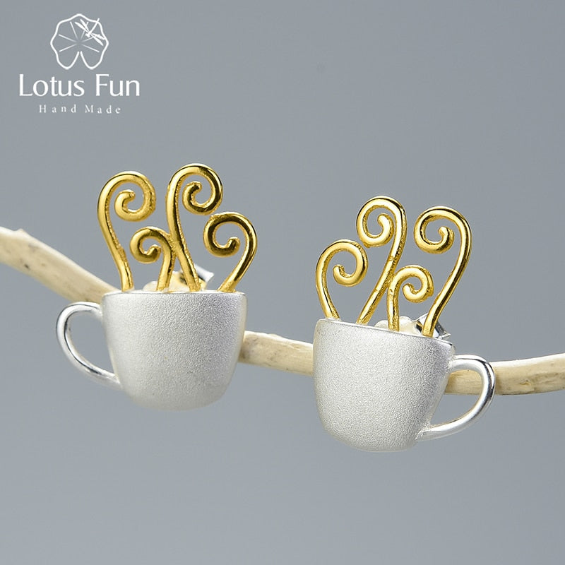 Pendientes Lotus Fun de plata de ley 925 auténtica, joyería fina hecha a mano Original, pendientes de tuerca a la moda con taza de café caliente para regalo de mujer