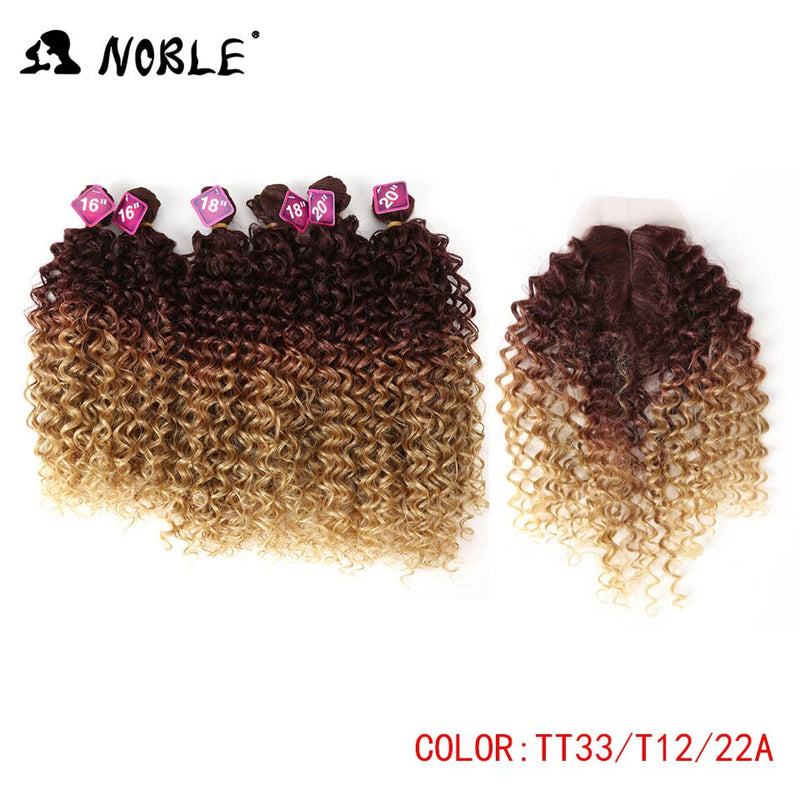 Tejido de pelo sintético Noble 16-20 pulgadas 7 unids/lote mechones de pelo rizado Afro con cierre de encaje africano para mujer extensión de cabello
