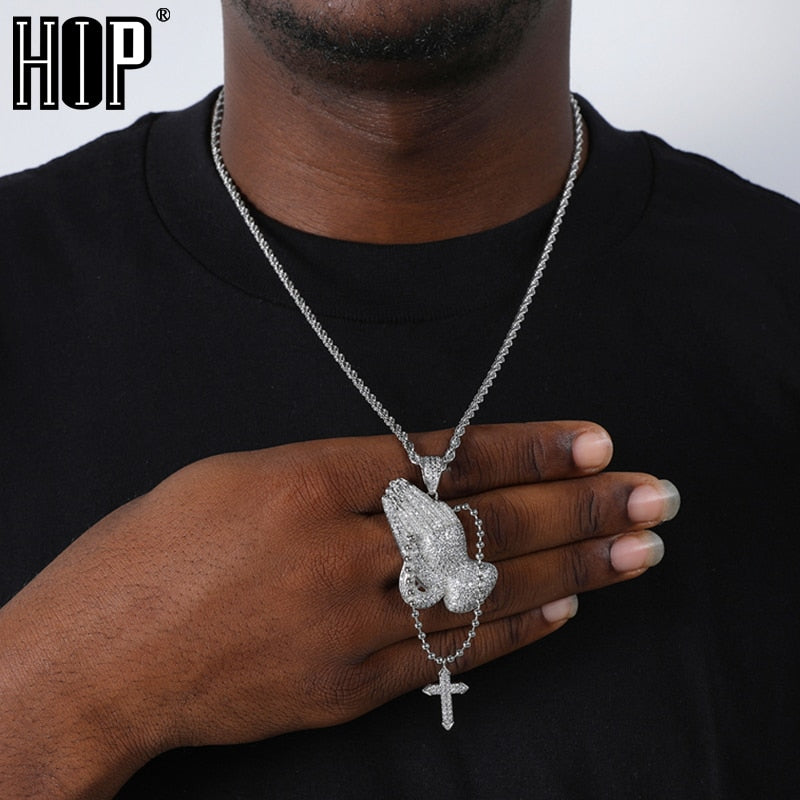 Hip Hop Bling Cubic Zirconia Iced Out Praying Hands Cruz collares y colgantes para hombres joyería con cadena de tenis