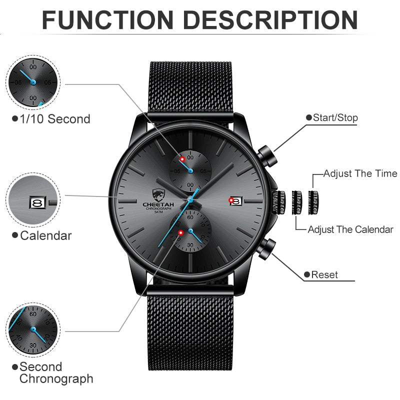 New CHEETAH Mens Watches Top Luxury Brand Fashion Sports Quartz Watch Men Stainless Steel Chronograph Clock Relogio Masculino