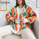 Sampic Lose Patchwork Strickwaren Winter 2021 Frauen Strickjacken Tops Übergroße Langarm Y2K V-Ausschnitt Pullover Lässige Mode Tops