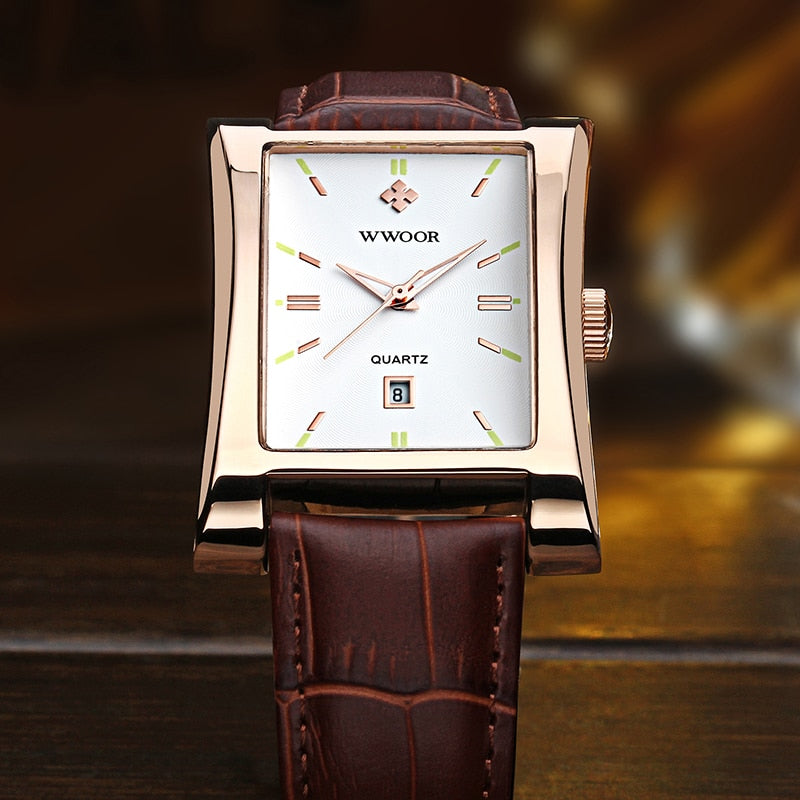 WWOOR Brand Classic Fashion Mens Rectangle Watches Male Gold Brown Leather Quartz Waterproof Wrist Watch For Men Calendar Clocks