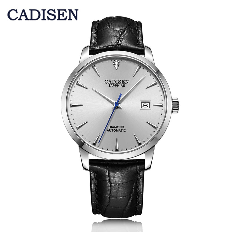 CADISEN Herrenuhren Automatische mechanische Armbanduhr MIYOTA 9015 Top-Marken-Luxus-Uhr mit echten Diamanten, gebogene Saphirglasuhr