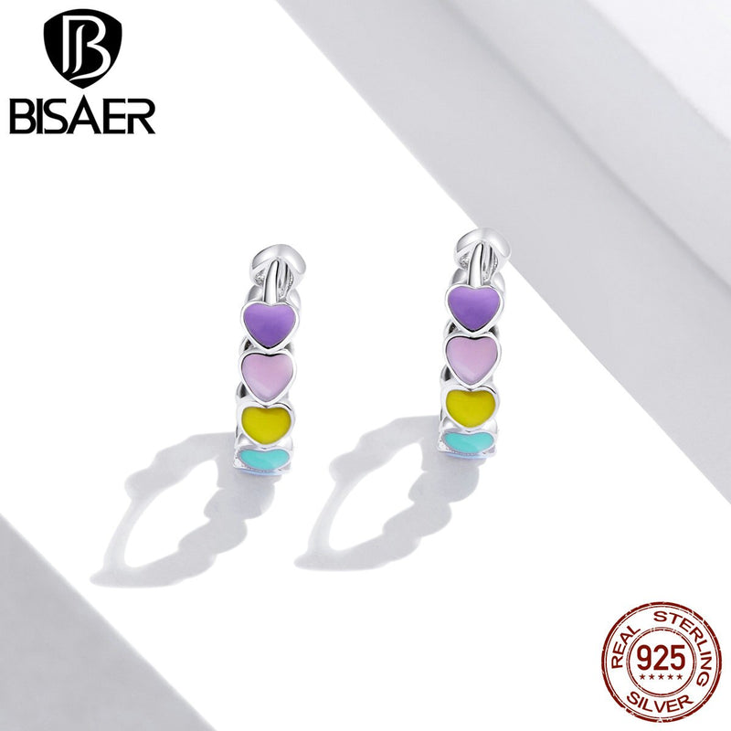 BISAER Rainbow Heart Hoop Earrings Real 925 Sterling Silver Colorful Enamel Round Earrings For Women Wedding Jewelry ECE909