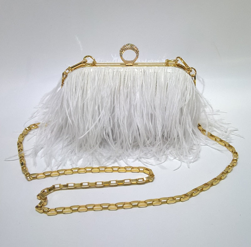 Designer Ostrich Fur Feather Wallet Clutch Bag Women Clutch Diamond Knuckle Rings Dinner Evening Bag Chain Purses Party XA531H