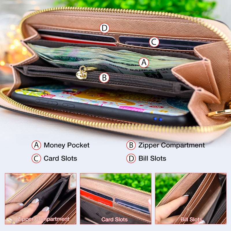 FOXER Frauen Spaltleder Geldbörse Bifold Clutch Bag mit Armband Mode Kartenhalter Geldbörse Handytasche Weibliche Geldtasche