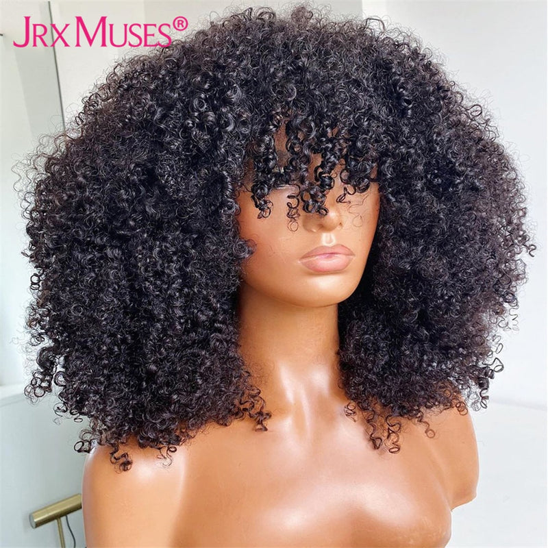 200 Density Curly Wig With Bangs Human Hair Wigs Machine Made Fringe Short Bob Wig Thick Afro Kinky Curly Wigs For Black Women