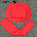 Conjunto de Yoga para mujer, ropa de gimnasio, traje deportivo, Top corto de manga larga calado sin costuras, mallas de entrenamiento de cintura alta, ropa deportiva