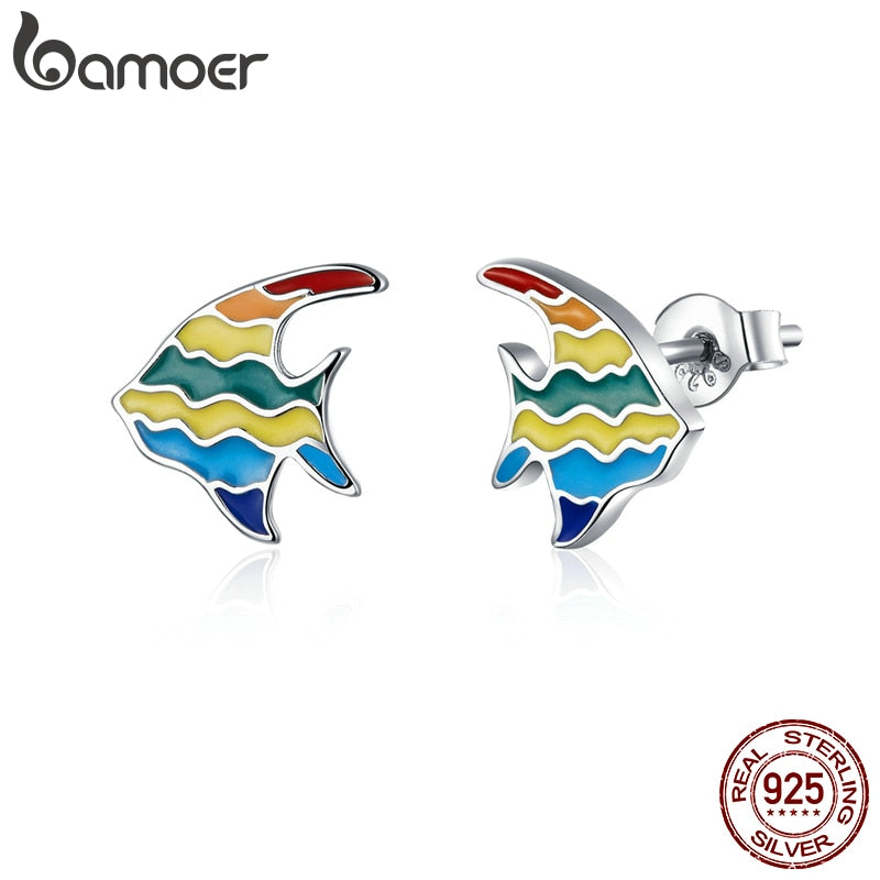 Bamoer Arco Iris esmalte Stud pendientes para mujer Plata de Ley 925 Animal pez gato y perro joyería de moda Bijoux SCE823