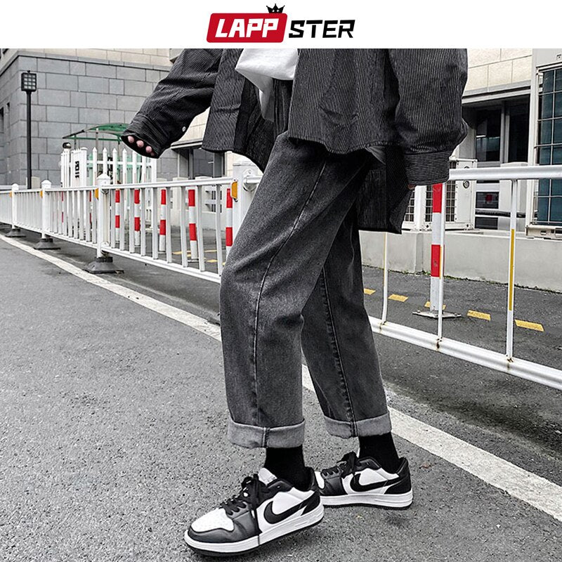 LAPPSTER Herren Graue Streetwear Baggy Jeans 2022 Herren Kpop Solid Denim Hose Paar Hohe Taille Vintage Übergroße Joggerhose