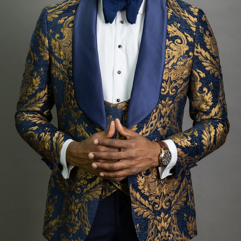 Navy Blue Floral Jacquard Prom Men Suits for Wedding 3 Piece Slim Fit Groom Tuxedo African Male Fashion Costume Jacket Pants