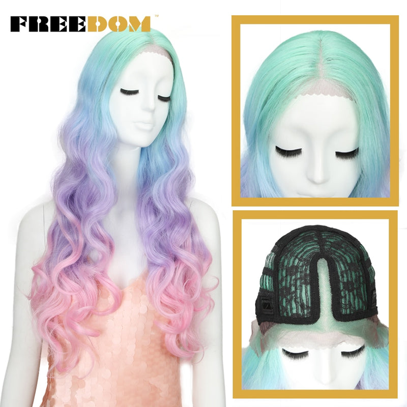 FREEDOM Synthetische Spitzeperücken Lange Natürliche Welle 30 Zoll Omber Blue Rainbow Color Pink Hair Perücken Hitzebeständige Faser Cosplay Perücken