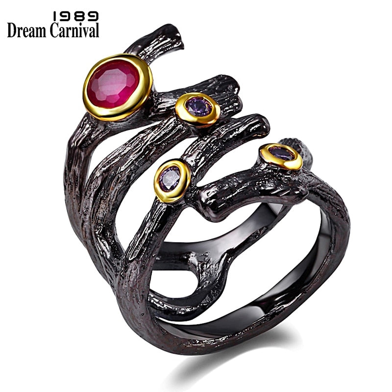 DreamCarnival 1989 Gothic Hollow Ring for Women Rolling Braided Jewelry Fuchsia Purple CZ Vintage Black Color anillos mujer R32