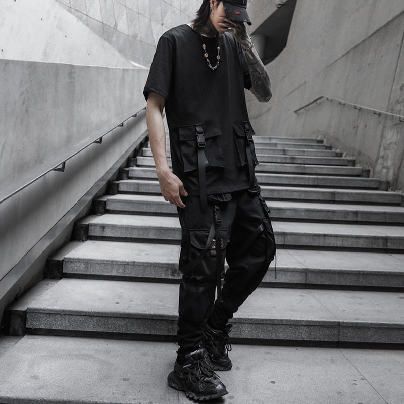 Cotton Hip Hop Cargo Pants Men Streetwear Ribbon Trousers Casual Harem Joggers Sweatpants  Harajuku Tide Brand Mens Clothing