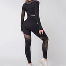 Conjuntos de Yoga, ropa de gimnasio para mujer, Tops cortos de manga larga sin costuras, mallas deportivas de malla, pantalones de entrenamiento para correr, pantalones de cintura alta, ropa de Fitness