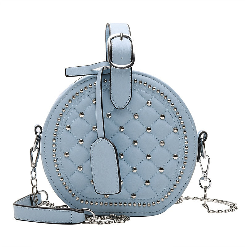 Bolso de hombro Circular con remaches de cadena a la moda para mujer, bandolera cruzada de piel sintética para mujer, bolso de mano redondo para mujer