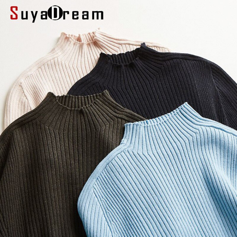 SuyaDream Woman Basic Sweaters Silk and Cashmere Blend Mock Neck Pullovers Solid Ribs Sweaters 2021 Fall Winter Bottoming Shirts