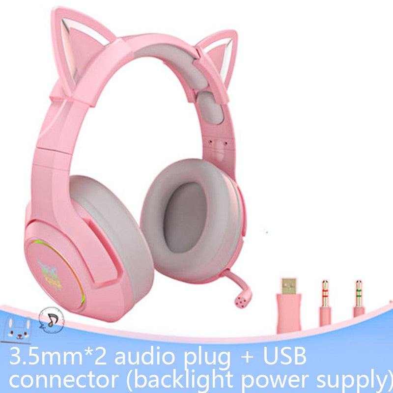 RGB Gaming 7.1 Stereo-Kopfhörer Rosa Headset Abnehmbares Katzenohr USB-Kabel mit Mikrofon-Rauschunterdrückung Für PS4/Xbox ein süßes Mädchen