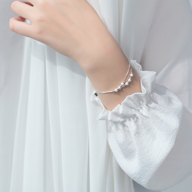 Modian Fashion Double Box Chain für Damen Mattierte Kugel und leichte Perlen Sterling Silber 925 Armband Edler Schmuck 2020 Design