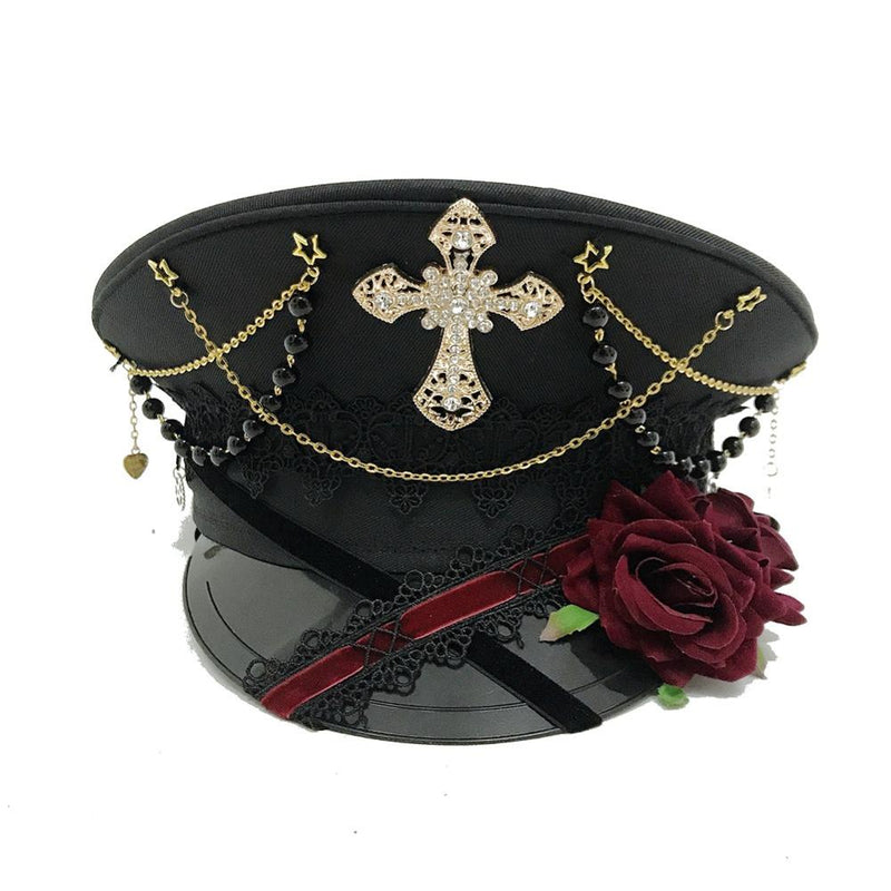 Black Cross Gothic Lolita Military Hat Cap für Frauen Female Sailor Captain Flat Steampunk Karneval Halloween Haarschmuck
