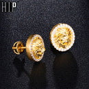 Hip HOP 1 Paar Zirkon Mikro Gepflasterter Löwe Iced Out Strass CZ Stein Runde Bling Ohrstecker Kupfer Ohrringe Für Männer Schmuck