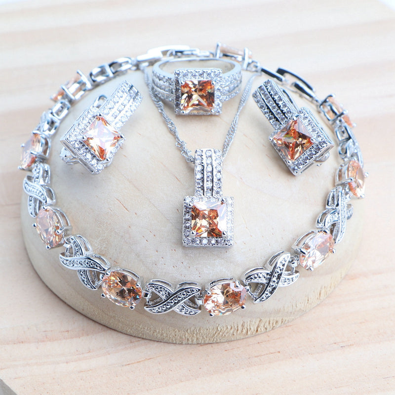 Lila Zirkonia Damen Brautschmuck Sets Silber 925 Feiner Modeschmuck Hochzeit Ohrringe Ringe Armbänder Anhänger Halskette