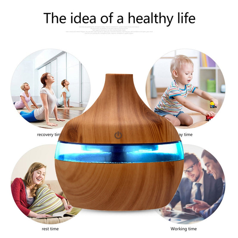 Humidificador de coche de 300ml, difusor de aceites esenciales, humidificador de aire ultrasónico de grano de madera, Mini generador de niebla USB, 7 luces LED para coche y hogar