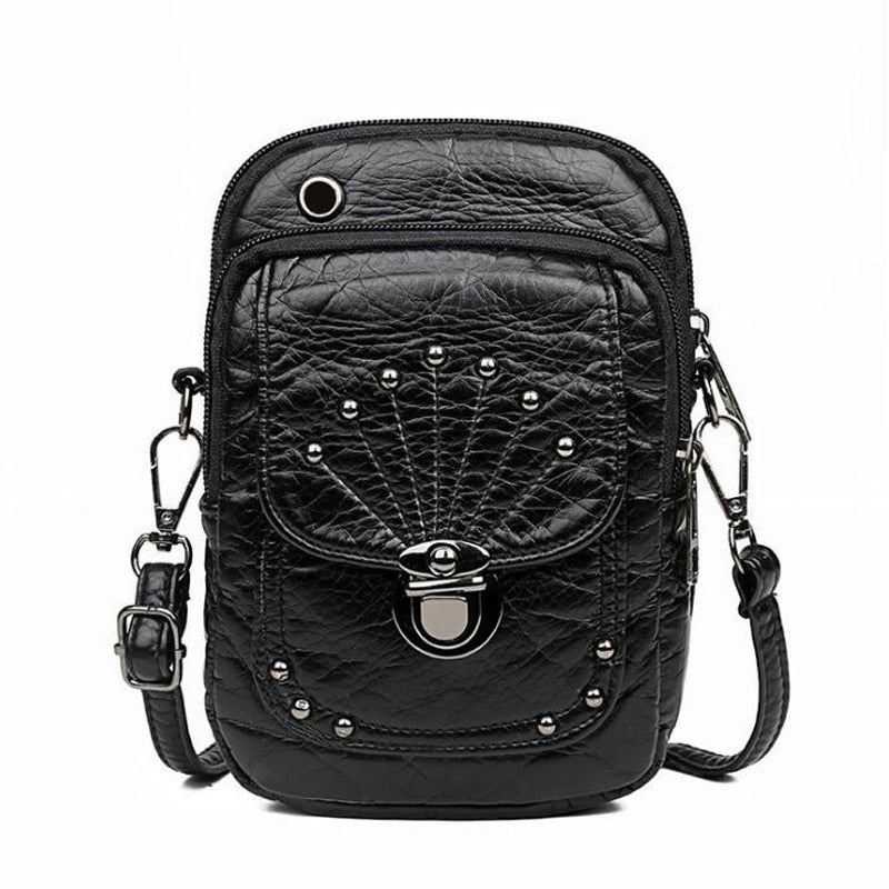 Vintage weiches Leder Umhängetaschen Rivet PU Frauen Messenger Umhängetasche kleine weibliche Handtaschen Telefon Geldbörsen schwarz und braun