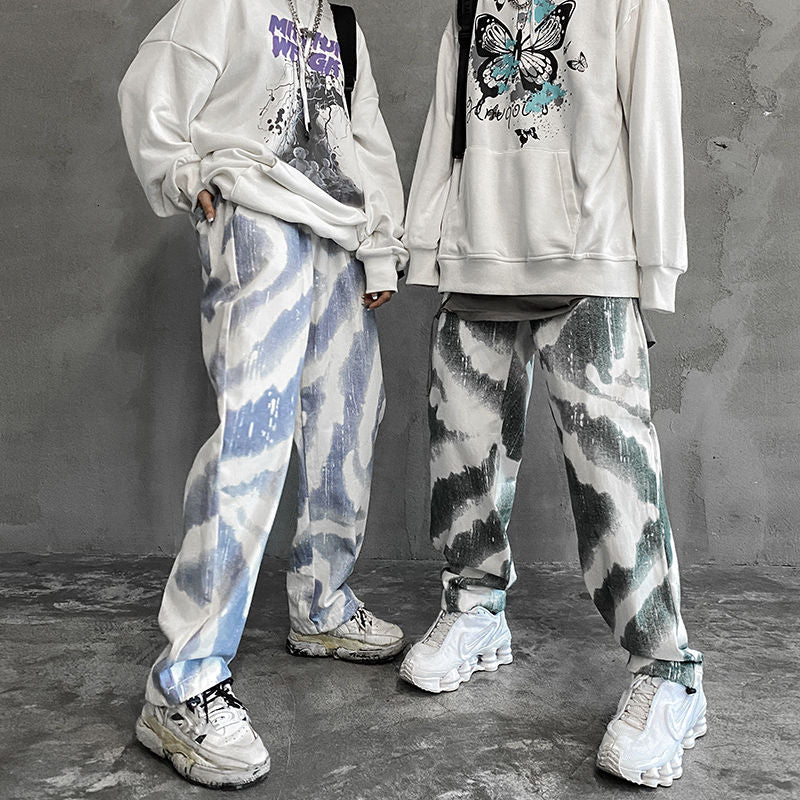 Pantalones coreanos de algodón con efecto tie-dye para hombre, pantalones informales Retro a la moda, ropa de calle para hombre, pantalones rectos holgados salvajes de hip-hop para hombre, M-2XL