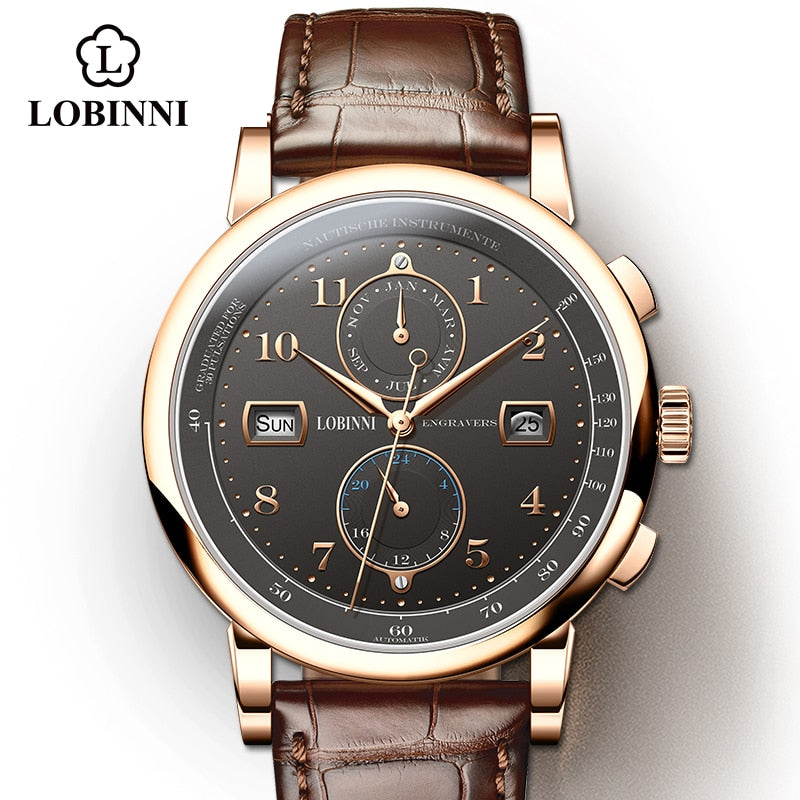 Reloj de negocios LOBINNI de marca superior de lujo de moda para hombre de cuero resistente al agua 50M reloj de pulsera mecánico masculino con relojes de visualización de fecha