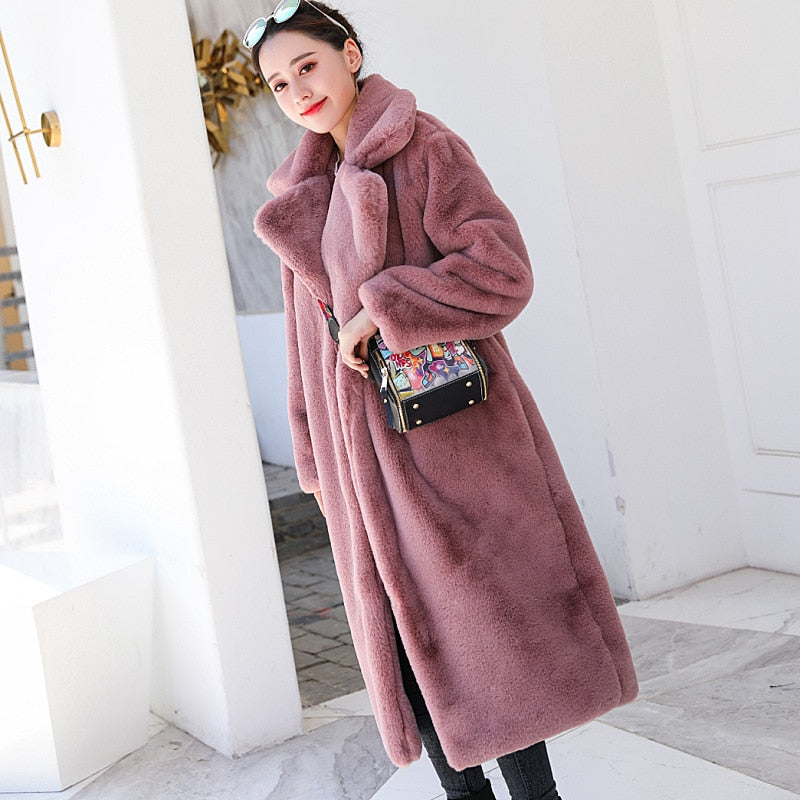 Winter Women High Quality Faux Rabbit Fur Coat Luxury Long Fur Coat Loose Lapel OverCoat Thick Warm Plus Size Female Plush Coats