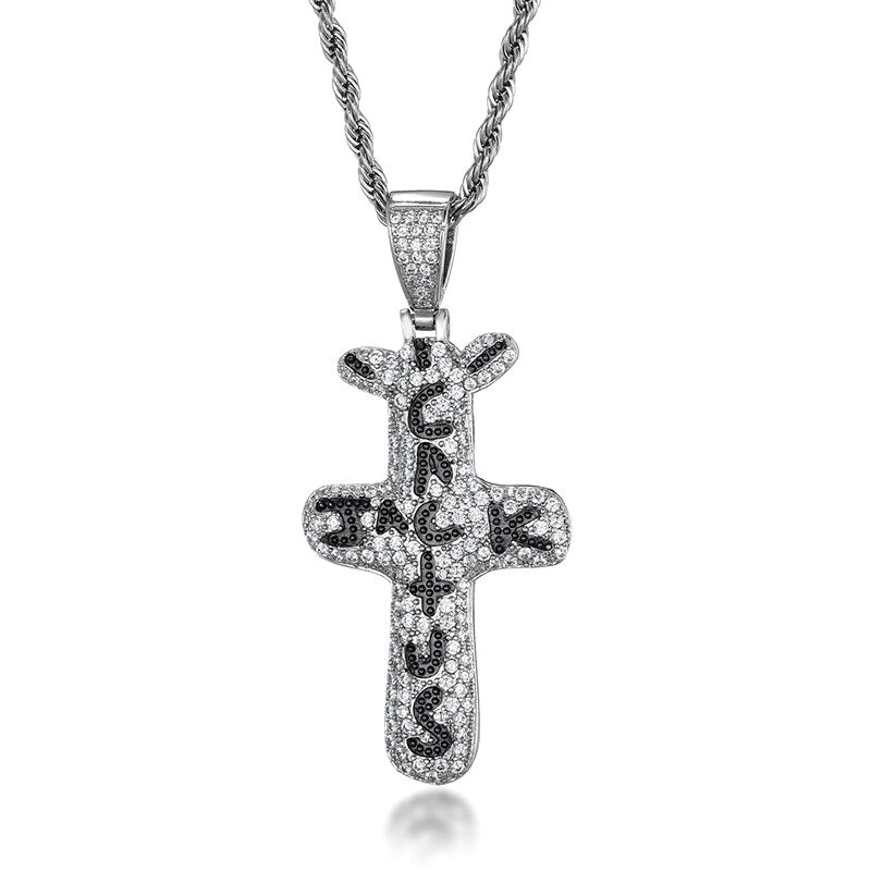 Hip Hop Cactus Jack CZ Cross Iced Out Zirkonia Silberfarbene Halsketten &amp; Anhänger für Herrenschmuck